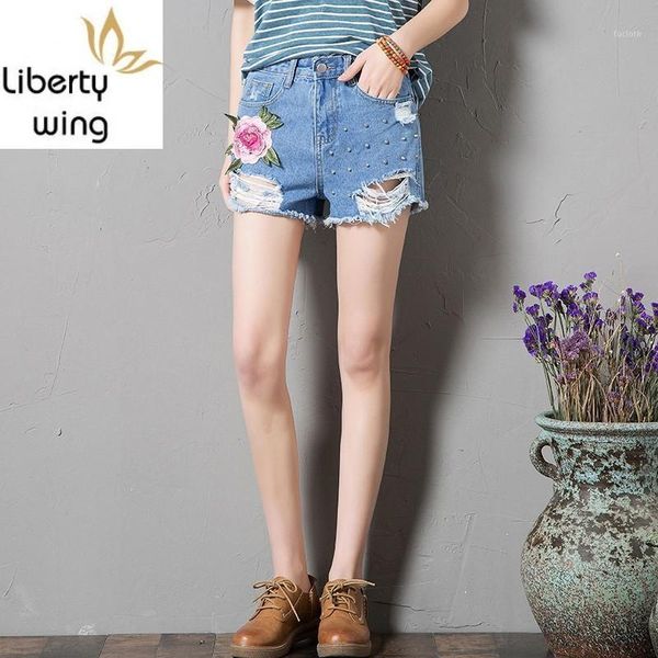 

summer fashion women's shorts loose fit hole ripped jeans female short mid waist embroidery floral denim trouser woman1, White;black
