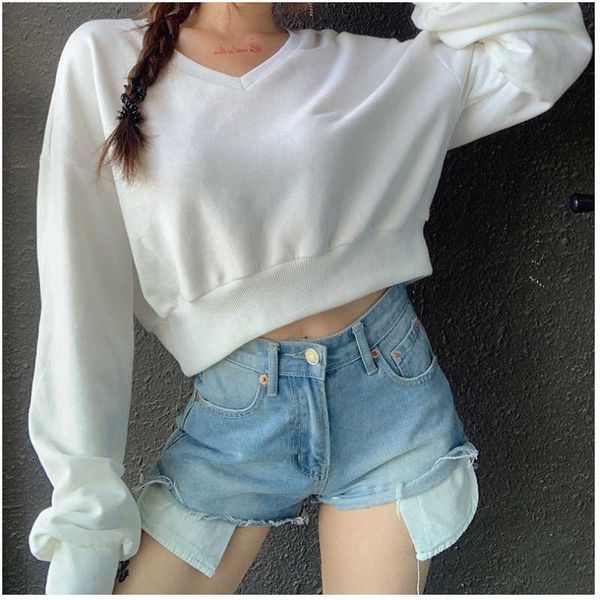 

yoga outfits women's basic versatile solid color running pullover v-neck long sleeve short sweater loose fitness, White;red