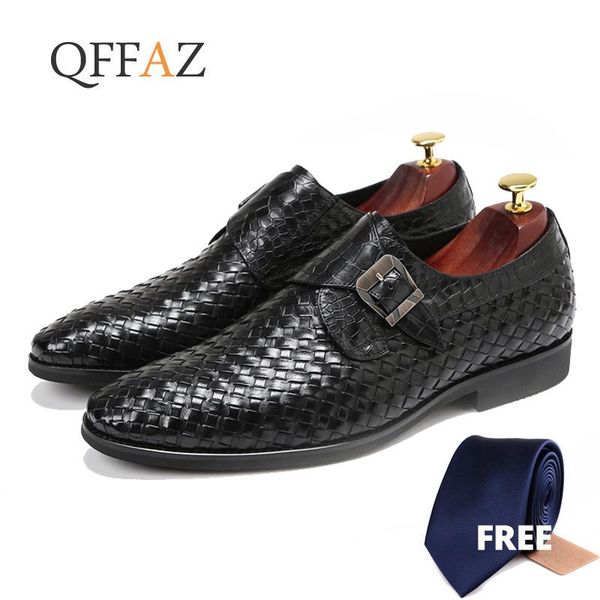 

dress shoes qffaz spring autumn stylish men loafers genuine leather print hand painted monk strap men's wedding party, Black