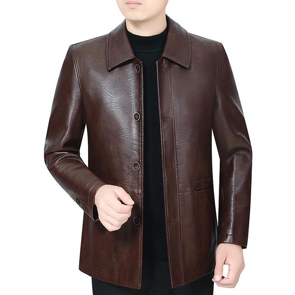 

winter black brown faux leather jacket men thermal thick quilted turn down collar single-breasted pu leather coat plus size 4xl