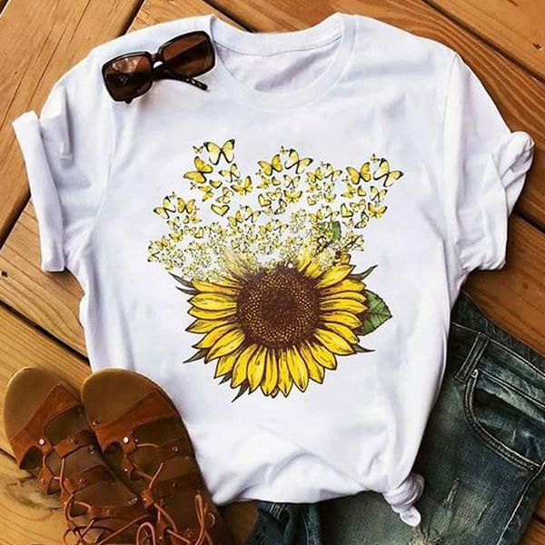 

sunflower print graphic tees t-shirt women aesthetic short sleeve t-shirt cotton summer women 2020 clothing camisetas mujer, White