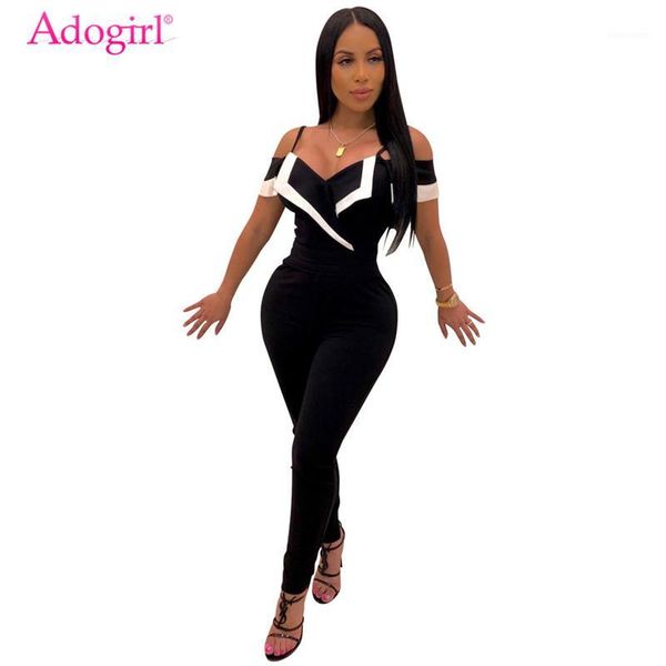 

adogirl color patchwork folded spaghetti straps jumpsuit women v neck off shoulder short sleeve skinny romper overalls1, Black;white