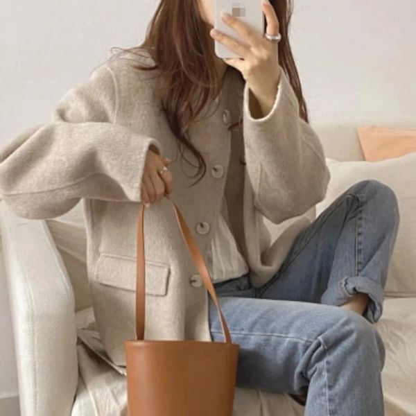 

women's wool & blends autumn and winter jacket short round neck long sleeve simple coat, Black