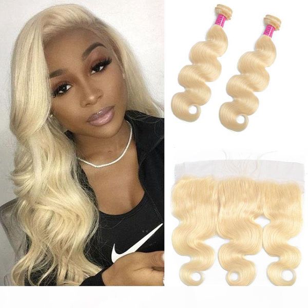

malaysian 100% human hair 2 bundles with 13x4 lace frontal with baby hair pre plucked 613# blonde body wave bundles with frontal blonde, Black;brown