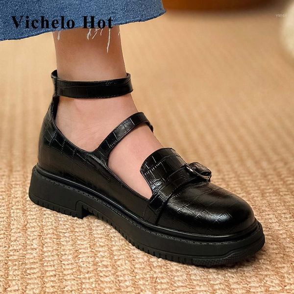 

dress shoes vichelo korean girls real leather gingham metal fasteners round toe high heels buckle strap young lady women pumps l391, Black