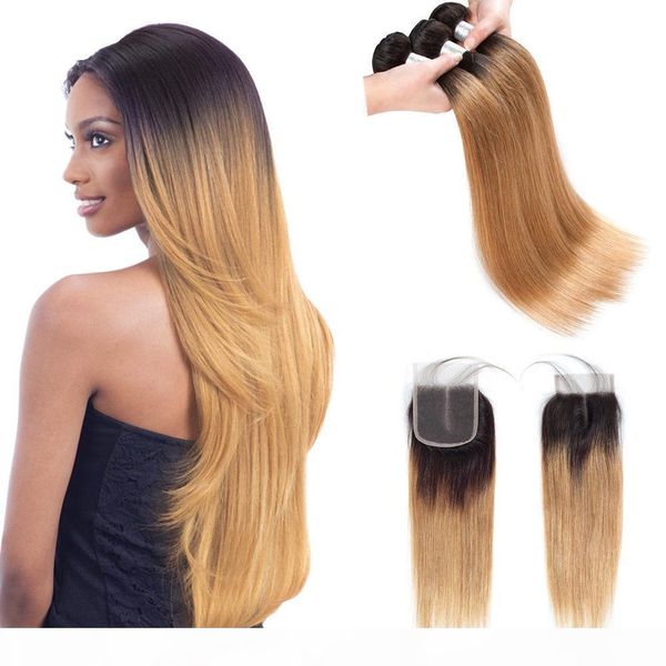 

pre-colored raw indian hair 3 bundles with closure 1b 27 ombre blonde straight human hair weaves bundles with closure 100% human hair, Black