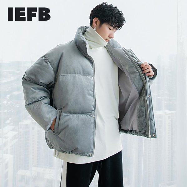 

iefb 2020 autumn winter men's warm velvet warm cotton padded jacket stand collar elastic bottoms oversized coat thick clothes1, Black