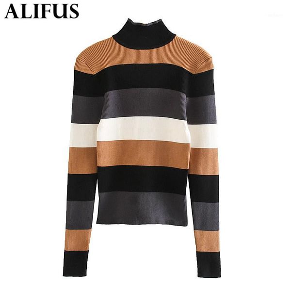 

fashion women sweaters 2019 winter woman turtleneck sweater color matching stripes long sleeve knitting pullovers jumper1, White;black