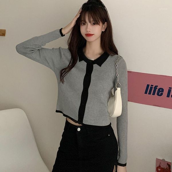 

lapel single-breasted long-sleeved sweater contrast color simple ladies spring and autumn new knitted, White