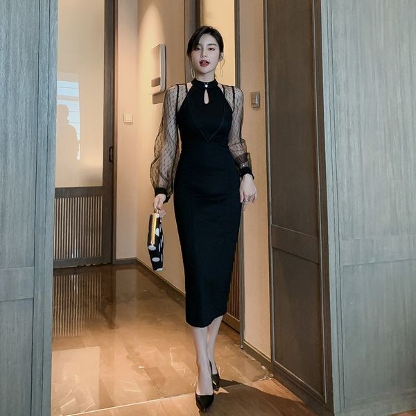 

2021 new summer ladies upper thin slip dressed black long lace crocheted party night clubs o95d, Black;gray