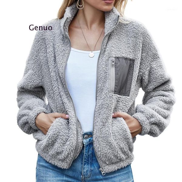 

women's jackets 2021 autumn winter double-faced fleece cropped color matching zipper cardigan plush sweater jacket women coat1, Black;brown