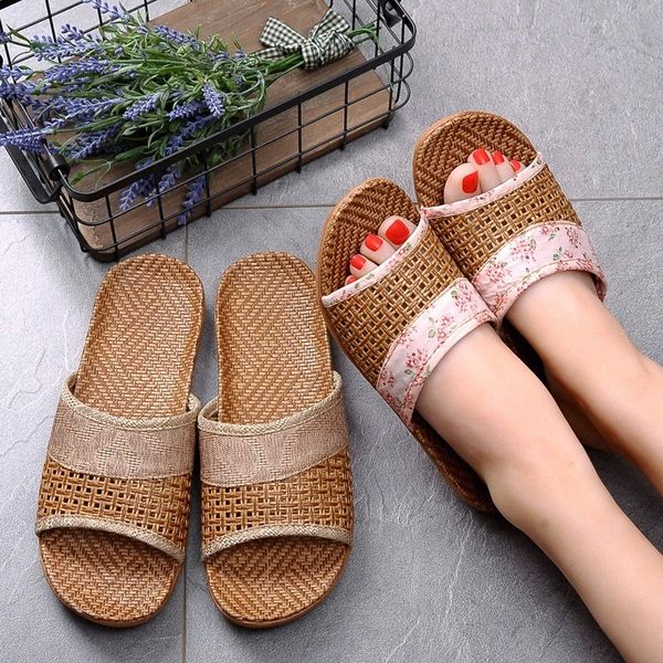

summer women slippers indoor home non slip flats thick sole room floor slides cane weaving breathable casual ladies shoes men #6p30, Black