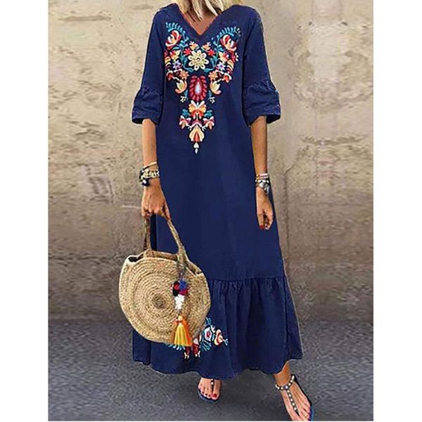 

summer floral printed stitching dress plus size casual maxi abaya kaftan ramadan eid robe islamic judaic dubai moroccan gown, Red