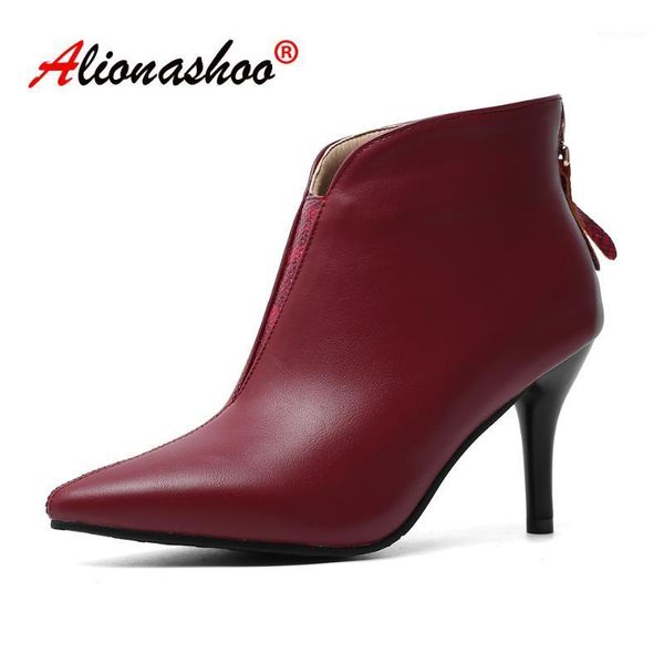 

boots 2021 spring shoes women pu leather high heel ankle pointed stiletto thin heels vintage size 481, Black