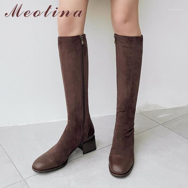 

meotina long boots women shoes genuine leather high heel knee high boots chunky heels zipper stretch lady autumn winter 401, Black