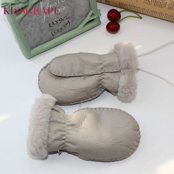 

2020 winter 1-5y kids warm gloves 100% natural sheep fur gloves for boys girls children' thick mittens outdoor hand made, Blue;gray