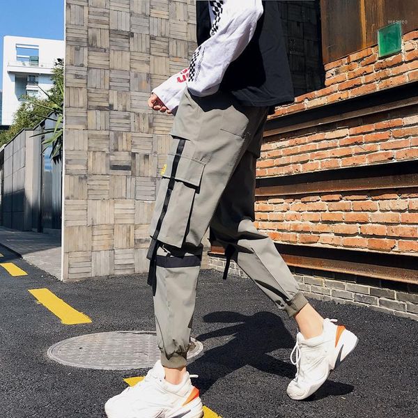 

spring japanese trend pants men's loose casual pants youthful handsome harem trendy print letter multi-pocket overalls1, Black