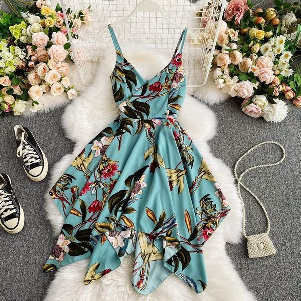 

2020 new product irregular seaside vacation v-neck suspender beach dress slim waist printed halter a-line dress sleeveless1, Black;gray