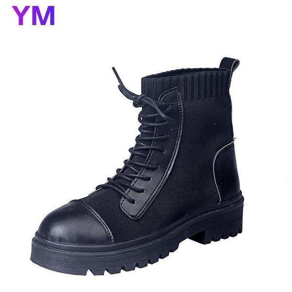 

2020 new Women's Round Knit Boots Autumn Lace-up Women's Boots Thick Bottom Warm Breathable Booties Comfortable Shoes, Black
