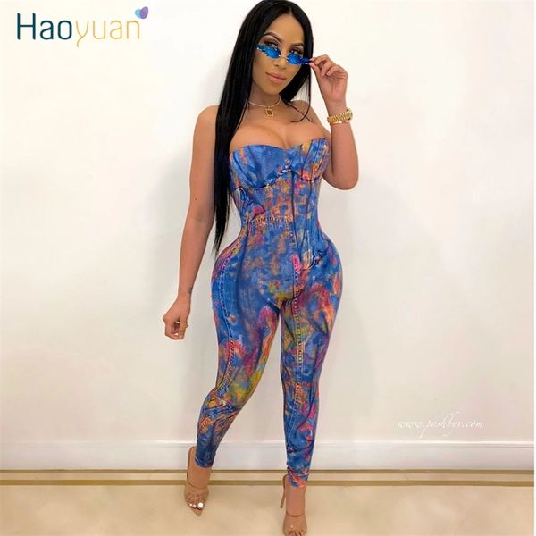 Haoyuan Sexy Macacão Womens Jumpsuit Stretch Stretch Verão Clother One Piece Club Outfits Off Ombro Backless Tube Bodycon Macacões T200509