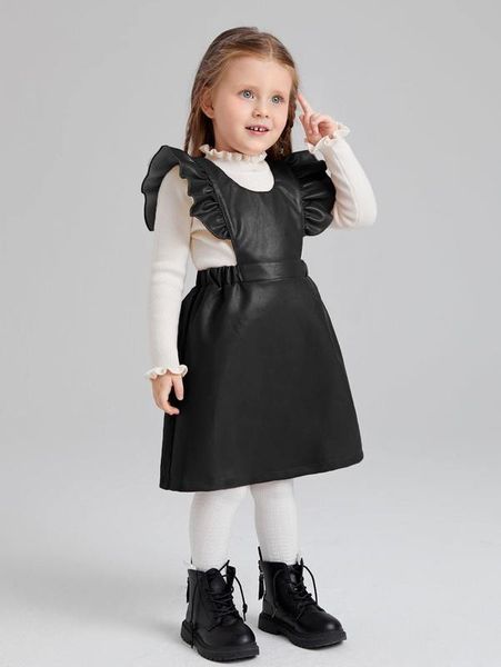 

toddler girls ruffle trim pu leather dress she01, Red;yellow