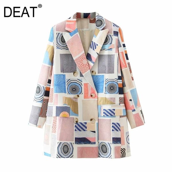 

[deat] women printed hit color leisure blazer new lapel long sleeve loose fit jacket fashion tide spring autumn 2020 lj201214, White;black