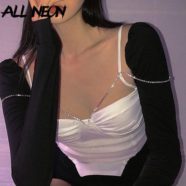 

allneon y2k fashion sauare collar backless straped with rhinestone party e-girl patchwork t-shirts 90s club outfit, White