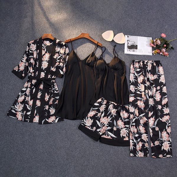 

2021 new style womne's spring summer silk pajamas sets printing female sleepwear v neck with sashes nightwear homenwear x38d, Black;red