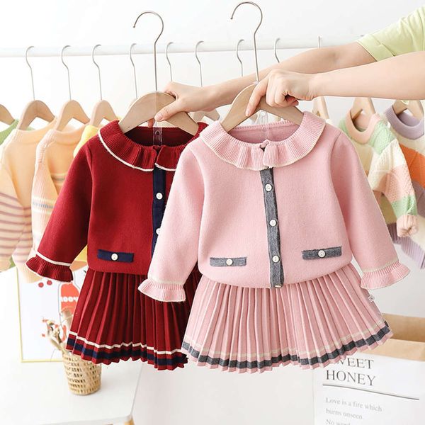 

clothing girls' sweater korean children's knitting wool drs two piece baby cardigan short skirt suit, Blue