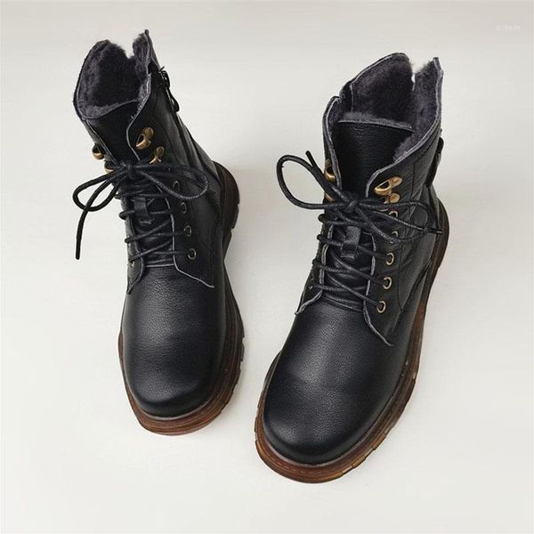 

boots women's natural wool snow shoes 100% genuine leather women ankle thick sole warm anti-slip1, Black