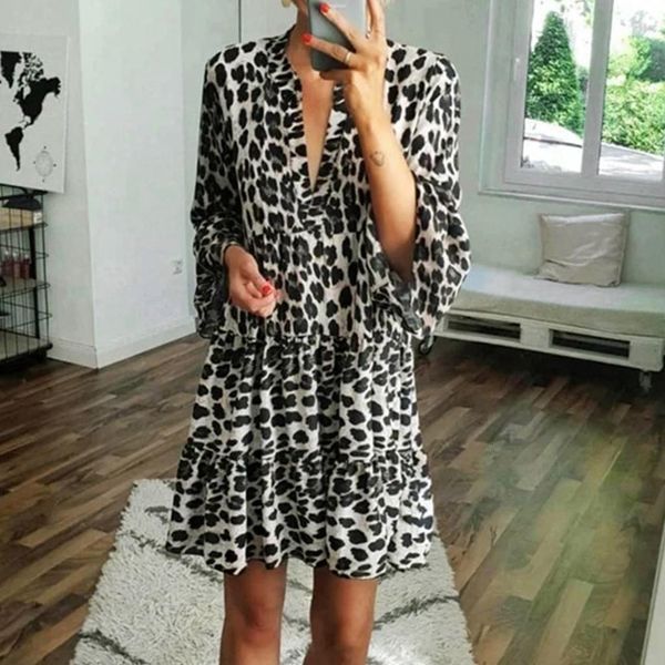 

dress women leopard print womens holiday v neck print dress ladies summer short sleeves beach party dress dresses for women, Black;gray
