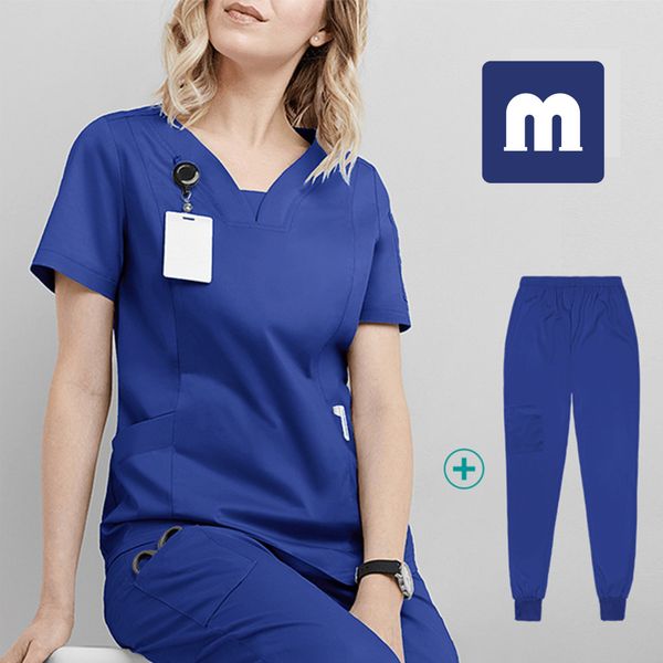 MediGo-002 As calças de duas peças das mulheres scrubs Hospital Uniform Workwear Mulheres Enfermeira Dental Sala de Operação Mão Mão de Lavagem Médico Beleza Salão De Trabalho Camisa