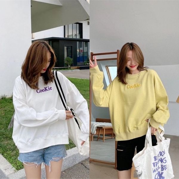 

xavoo lovenormi autumn new loose pullover toothbrush embroidered simple foreign flavor round-neck sweatshirt pullover letter sweatshirt wome, Black