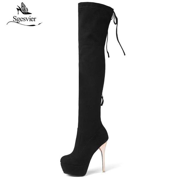 

sgesvier 2020 women over the knee high boots platform all match thin high heel winter shoes round toe women boots ox544, Black