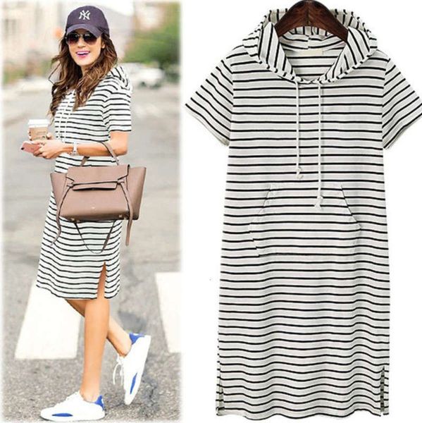 

striped hooded wind knitted large women's short sleeve mid length split dress, Black;gray