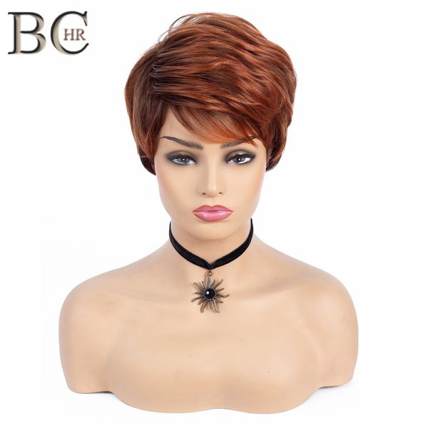 

synthetic hair auburn short wig synthetic wigs with side bang dark roots ombre wig for women natural wave hair, Black