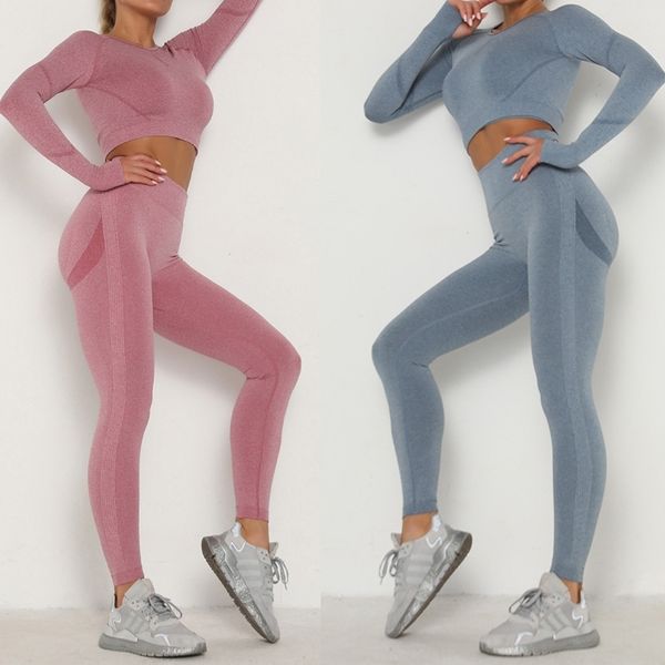 

women vital seamless gym clothing fitness leggings+cropped shirts sport suit women sets long sleeve tracksuit active wear suit 201203, Black