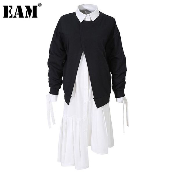 

eam] women black white split irregular cuff bandage dress new lapel long sleeve loose fashion tide spring autumn 2021 1dd1870, Black;gray