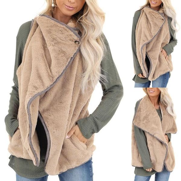 

womail winter jacket women faux fur 2020 fashion hadless pockets sleevess outwear solid cardigan female casual slim coat1, Black;brown