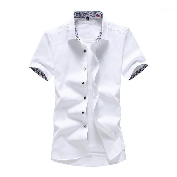

2020 summer new men's sweaters handsome casual short sleeved shirt neckline and cuffs floral decoration solid color slim shirt1, White;black