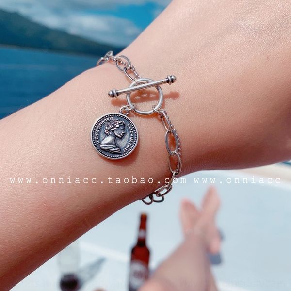 

jvauk fashion card east gate fashion korean net red round personality portrait coin thai silver bracelet female man bracelet p6enu, Golden;silver