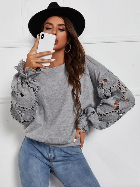 

drop shoulder lace sleeve pullover x8vs#, White;black