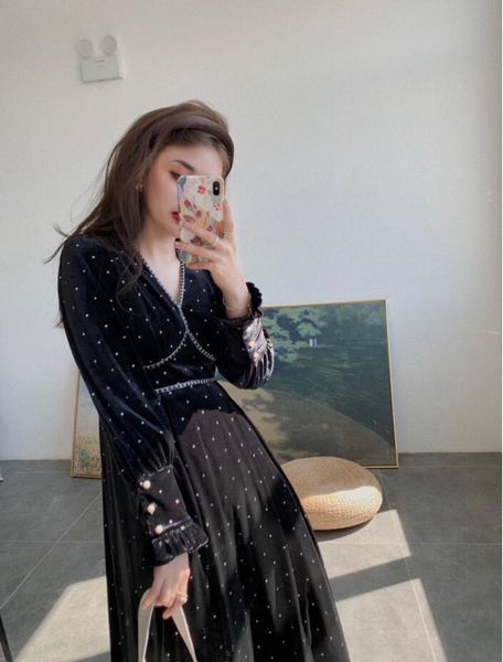 

women dress long women dress slim velvet vintage autumn winter office worker a black lisuuyu, Black;gray