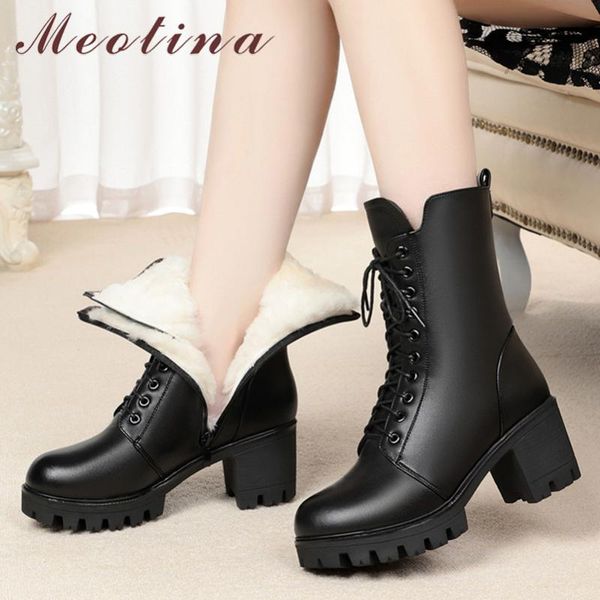 

boots meotina real wool fur mid calf women shoes genuine leather platform thick heels lace up zip high heel lady 43, Black