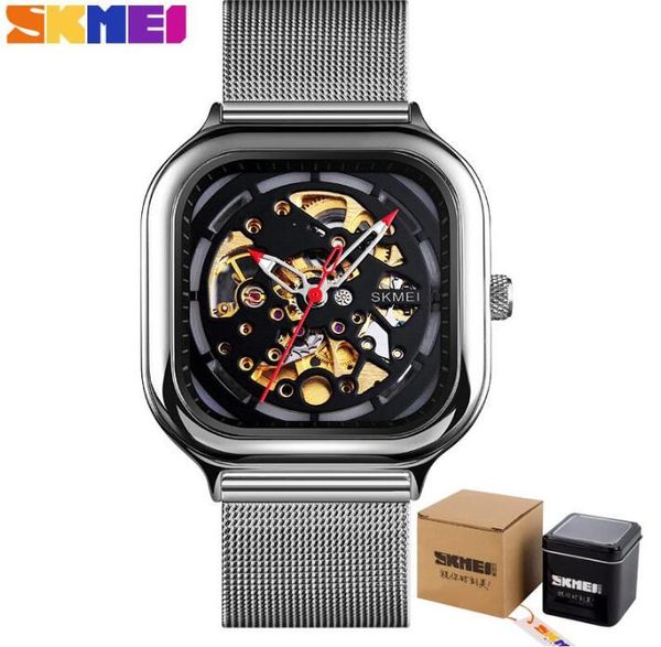 

2021 skmei fashion mechanical watch men automatic watch quartz waterproof hollow art strainless steel strap montre homme, Slivery;brown