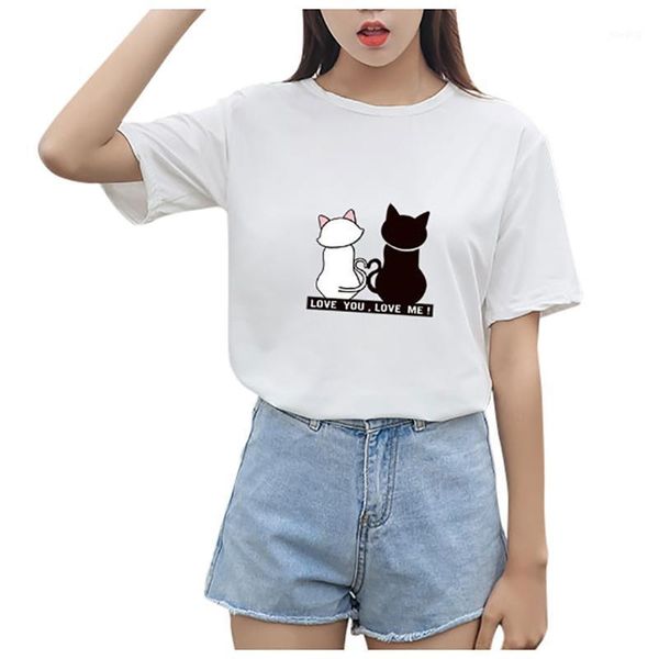 

hamboder 2020 women t-shirts spring summer short sleeve cat printed lady o-neck t-shirt #35%1, White