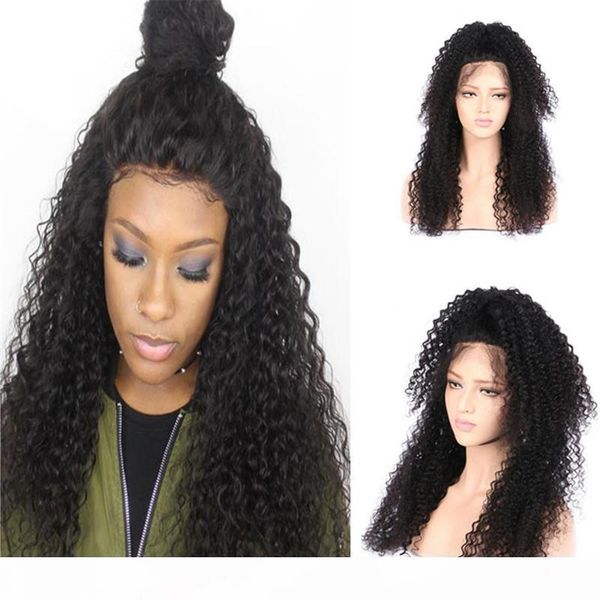 

1b virgin peruvian curly hair high ponytail kinky curl lace front wigs glueless ing, Black;brown