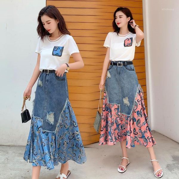 

summer suit female 2020 new beaded + denim stitching printed two-piece skirt set women fashion long jeans femme jupe k4301, White