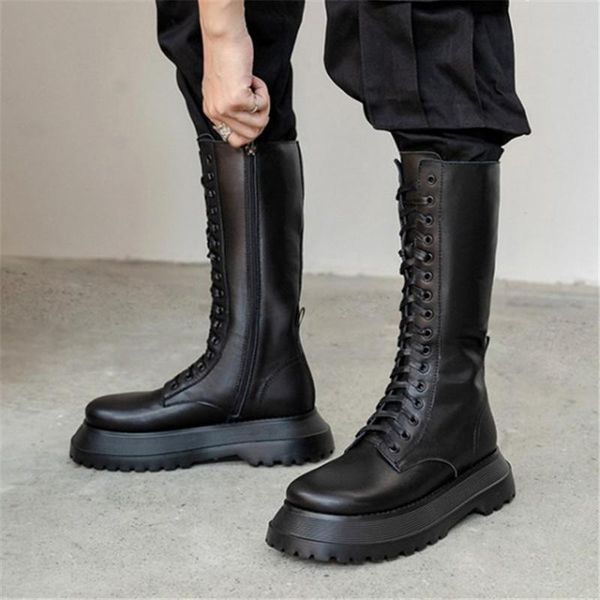 

boots pxelena designer women platform combat mid calf genuine leather thick sole lace up motorcycle 2021 shoes 40, Black