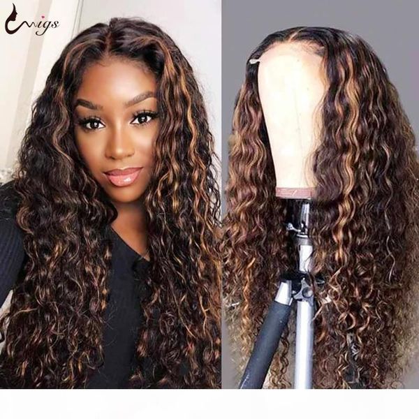 

uwigs deep wave wig highlight lace front human hair wigs highlight wig honey blonde ombre lace front loose deep wave, Black;brown
